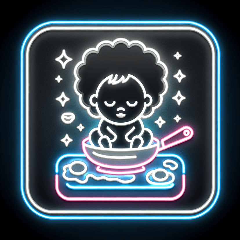 A Dark Skinned Afro Baby Sitting In A Frying Pan Covered In Flour, Eggs And Bacon