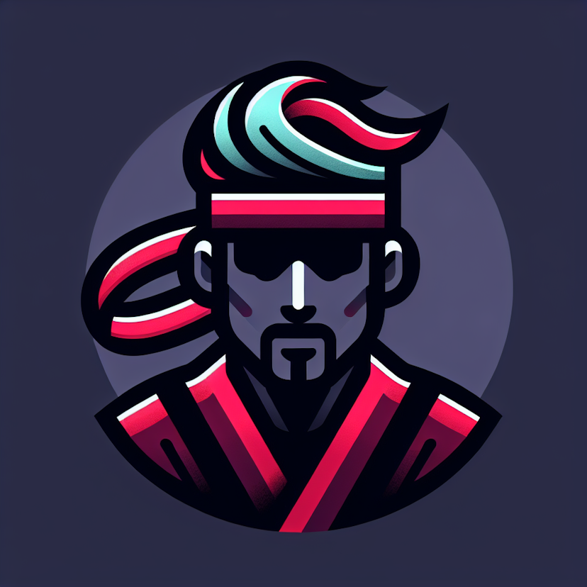 Street Fighter Ryu Stylized In Neon Colors With Short Beard, White Hair And Flowing Red Headband