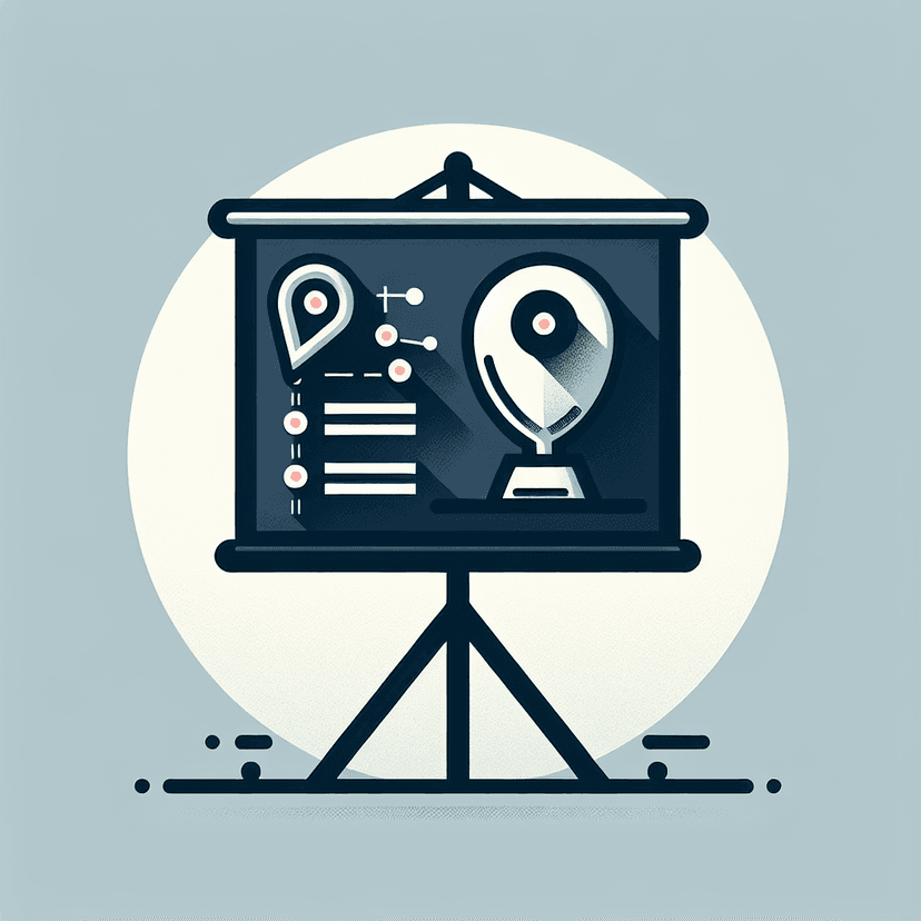 Create An Icon Of A Presentation Board On A Tripod Stand. On The Board, Place A Pin Marker At The Top Left Corner To Indicate The Starting Point. At The Bottom Right Corner, Place A Trophy To Indicate