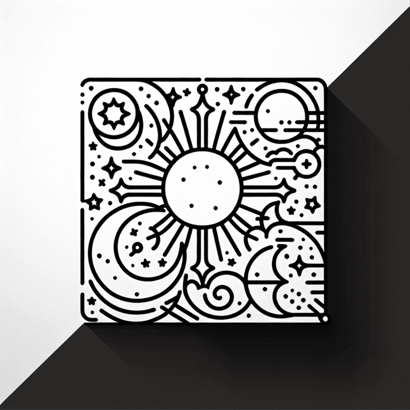 Celestial With Sun, Moon, Stars Or More, Thin Lines, Square Icon, Mystery