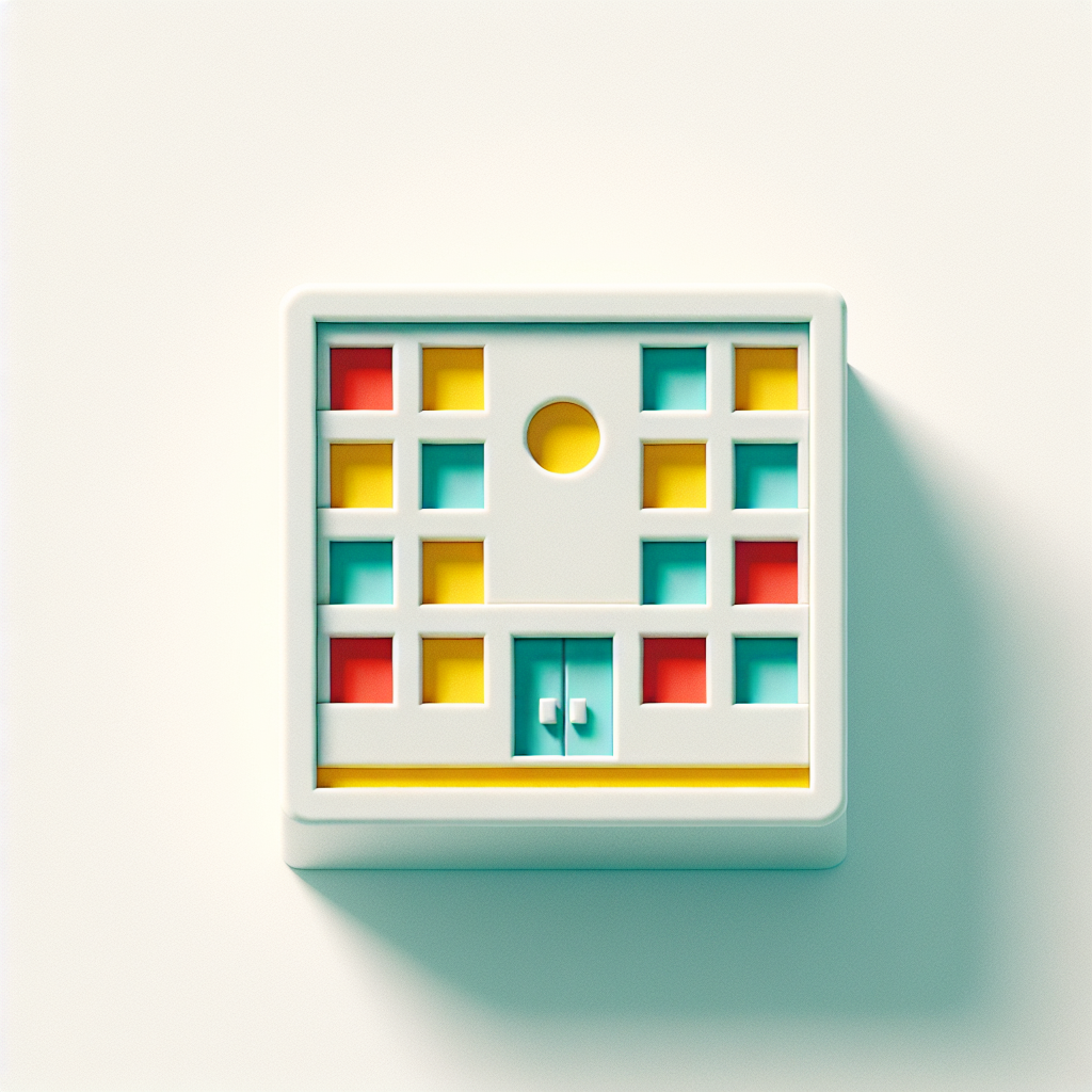Minimalistic "square university building with yellow, red, blue and green windows all over the building's wall and with a square hole in the middle of the building" Icon Design