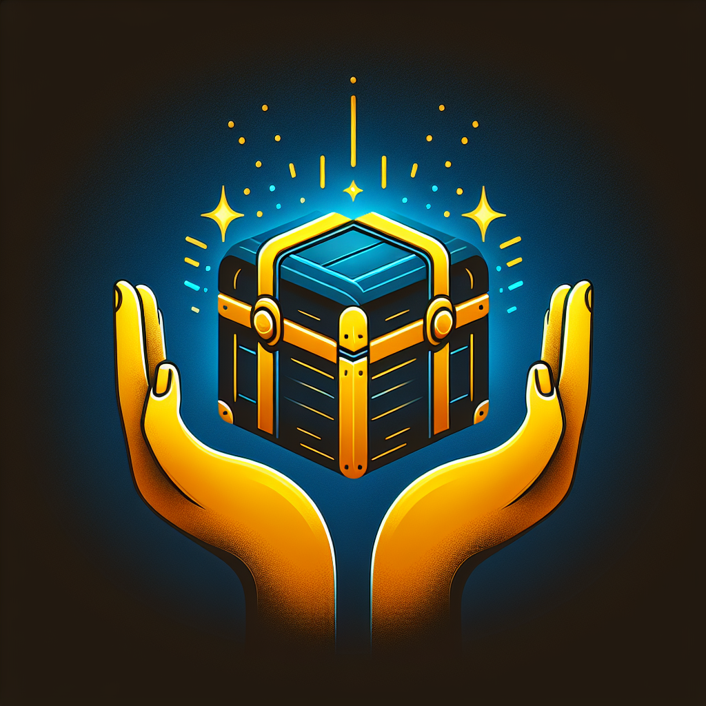 Modern "Between two yellow hands is a chest colored in shades of blue and yellow. The chest glows." Icon Design