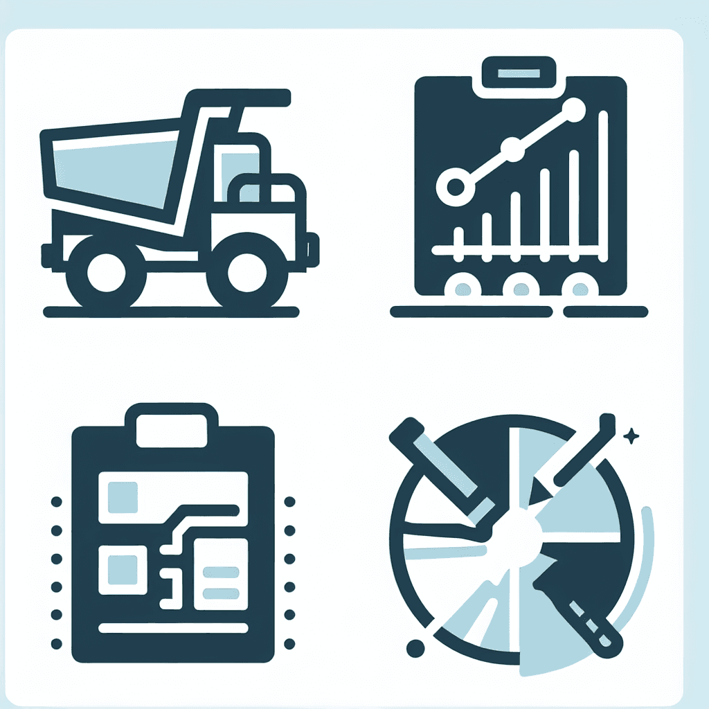 Minimalistic "underground mine truck, mine map, gantt chart" Icon Design