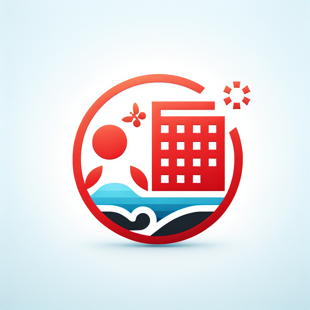 Modern "Hotel combining with sun, bee, sea, and butterfly, mainly use red and white color" Icon Design