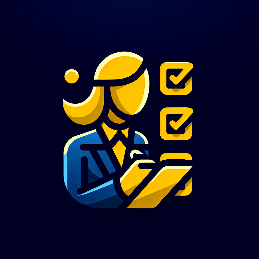 Modern "A yellow girl in a blue business suit is writing something in a notebook. There are three huge checkboxes in the background. Two of them are underlined with a check mark" Icon Design