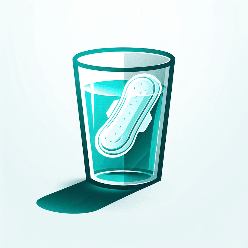 Transparent Large Sized Mug With Half Filled Light Blue Colored Water And Sanitary Pad Soaked In It