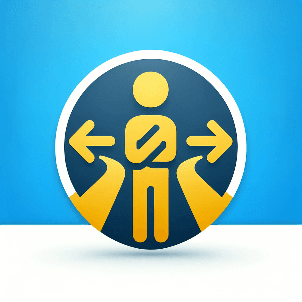 Modern "Yellow man standing in front of two paths and pondering which one to take. Background blue, elements yellow" Icon Design