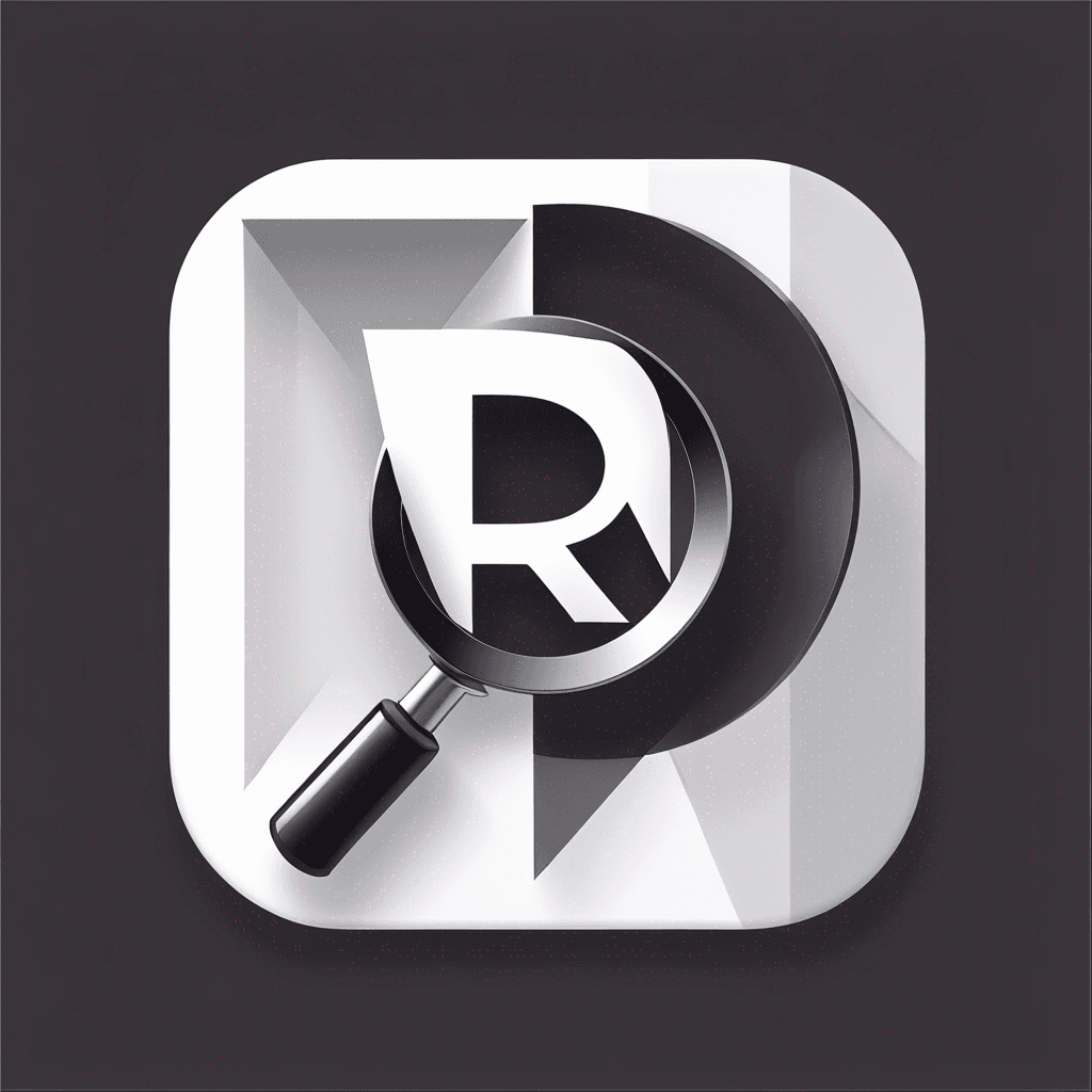 Modern "the letter R inside a magnifying glass, black and white design" Icon Design