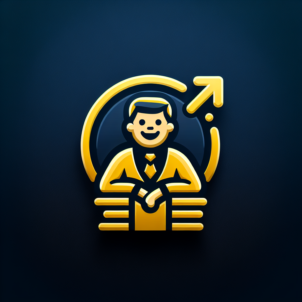 Modern "A smiling salesman in yellow clothes sits on a pile of money. Behind him is a large arrow pointing upwards." Icon Design