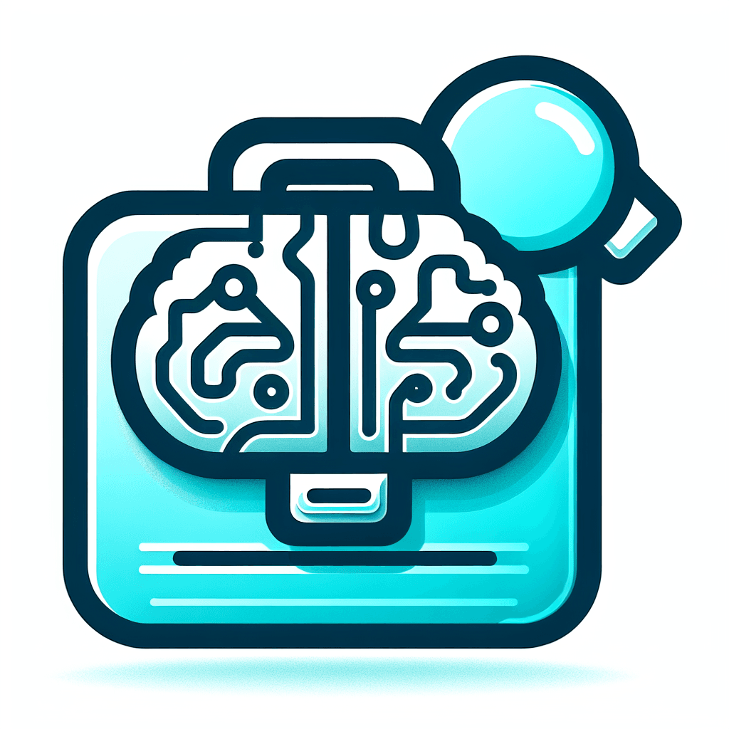 Modern "A sleek, stylized briefcase with a subtle brain pattern, intertwined with circuit lines, representing AI technology. A magnifying glass hovers above, symbolizing search functionality. The color palett" Icon Design