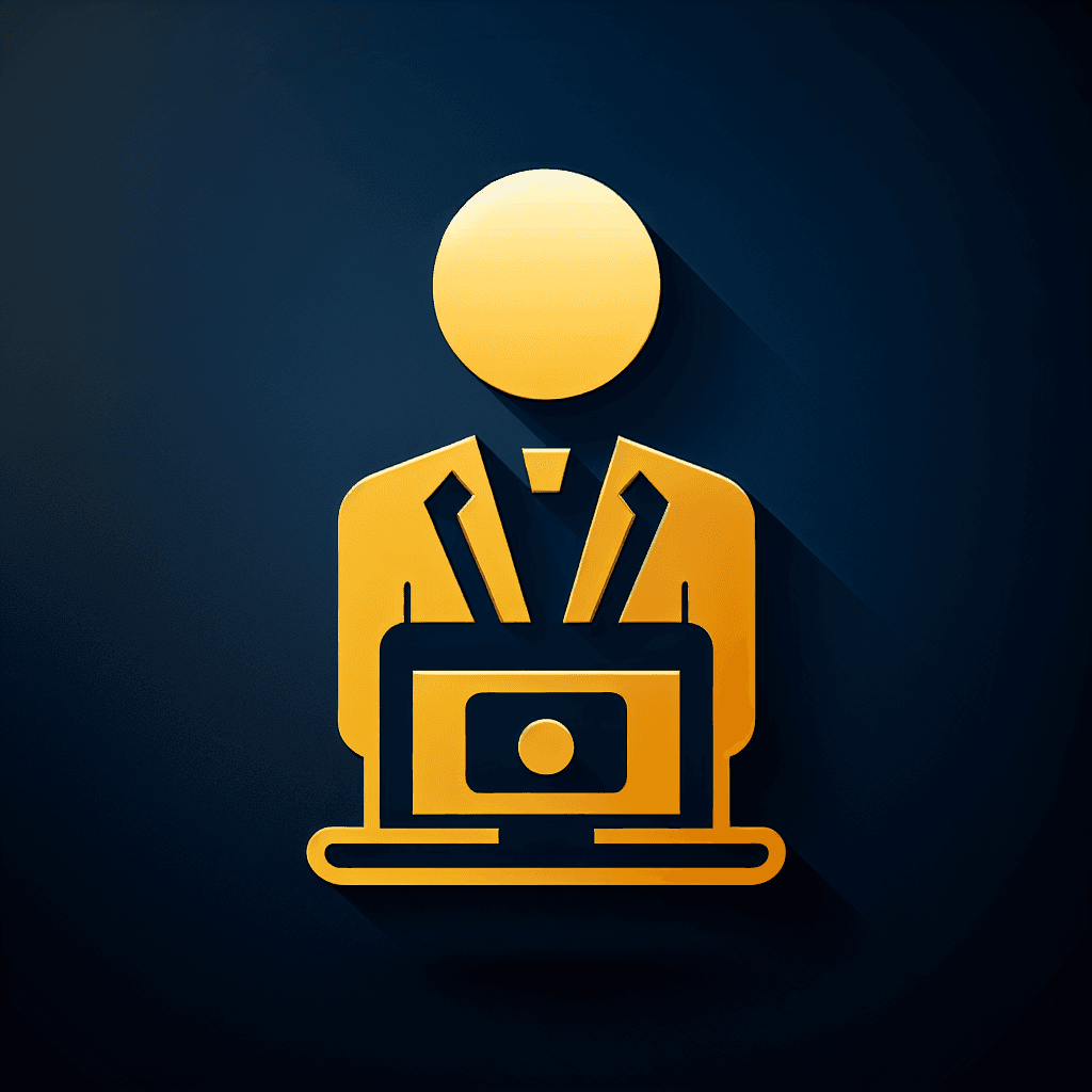 Modern "A man in a suit sits in front of a laptop computer, with a lot of kno" Icon Design